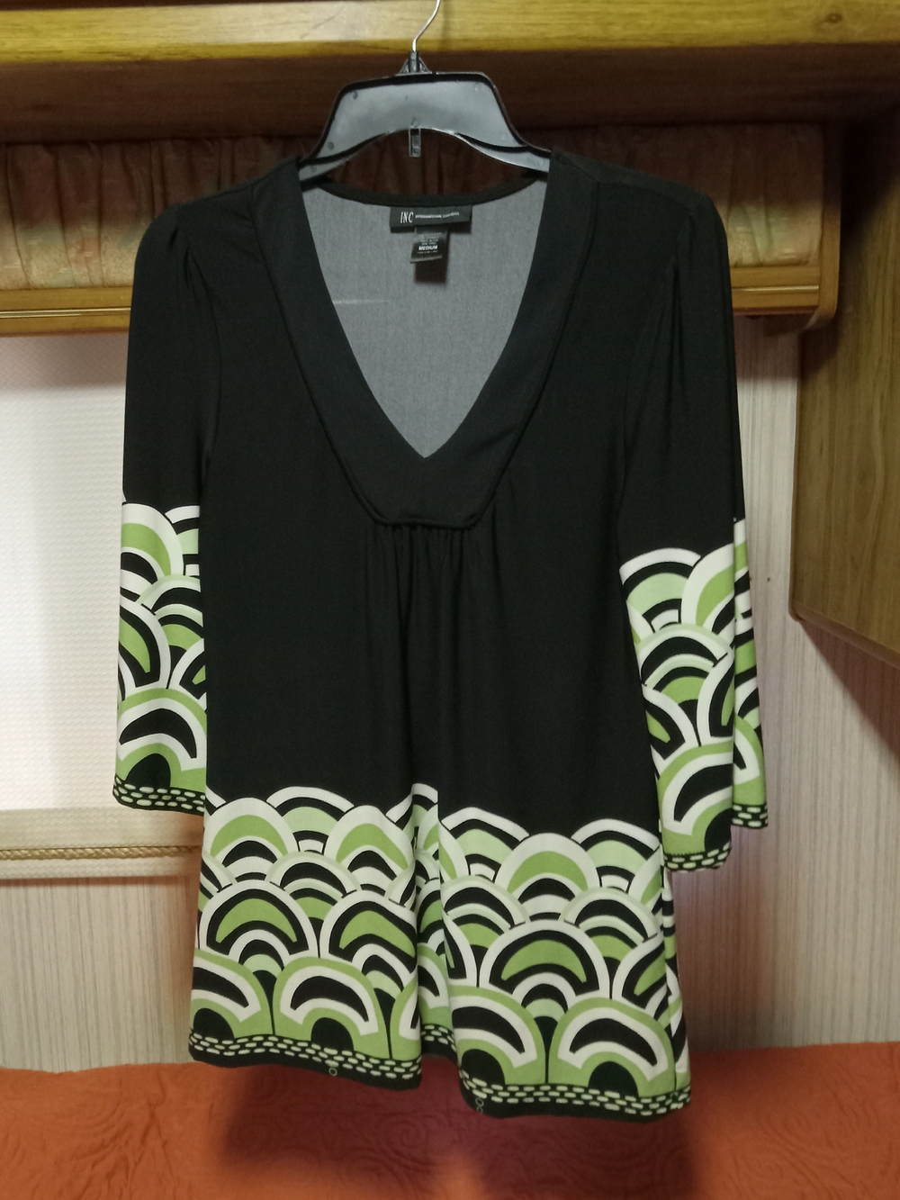 INC International Concepts Black Tunic with Green and White Scallop Trim